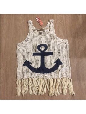 The Classic Cream Crochet Tank Top with Navy Anchor